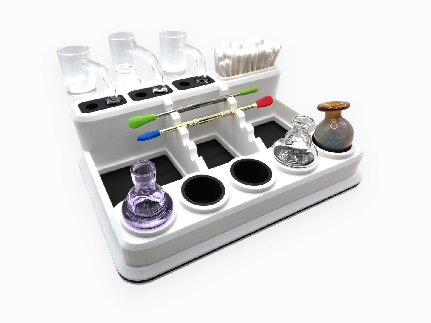 The Dabdock flagship dab station organizer with silicone carb cap and banger holders